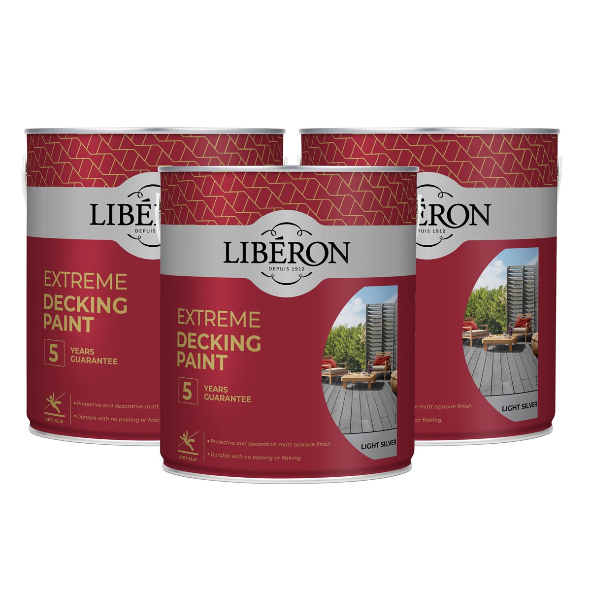 Case of 3 x Liberon Extreme Decking Paint Light Silver 2.5 Litre