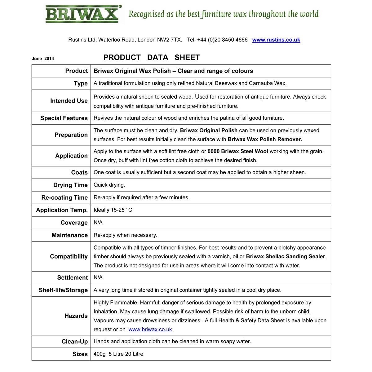 Briwax Furniture Wax usage instructions