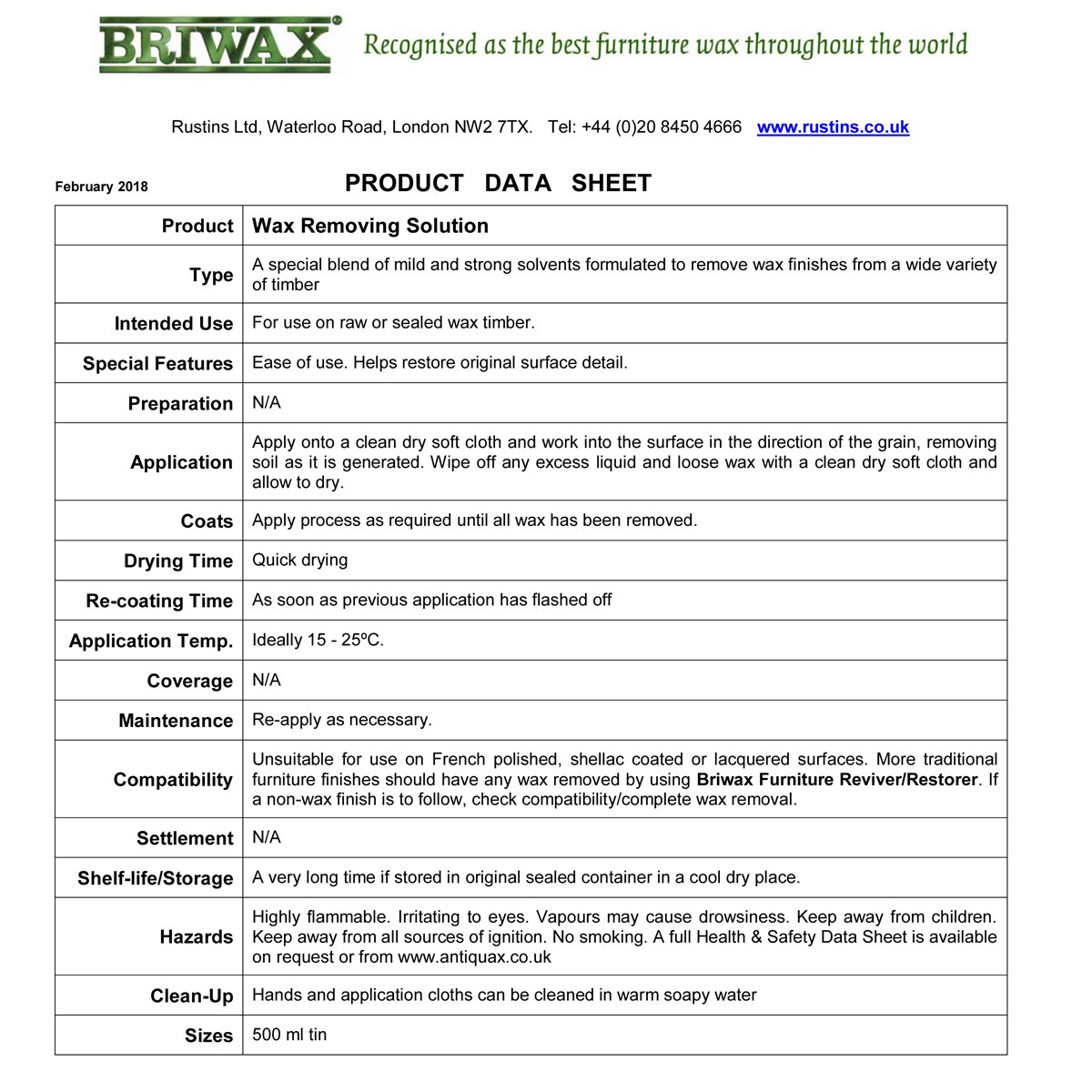 Briwax Wax Removing Solution Product Data Sheet.