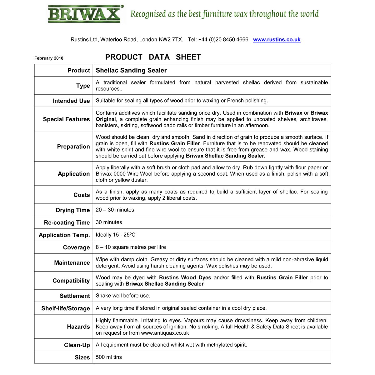 Briwax Shellac Sanding Sealer Product Data Sheet