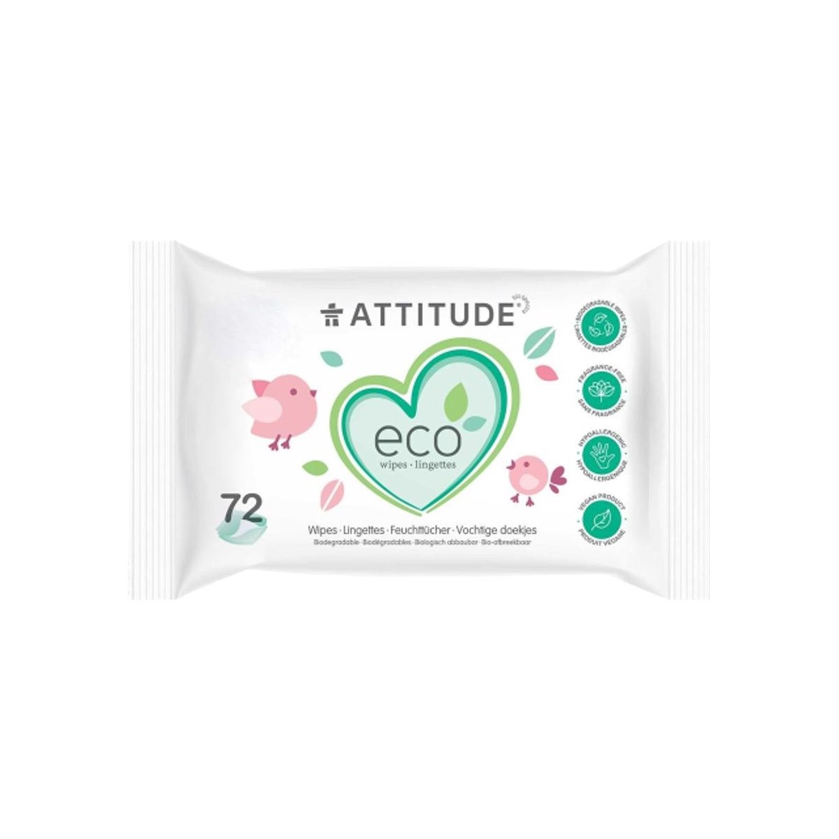Attitude Biodegradable Baby Wipes Fragrance  free - 72 wipes