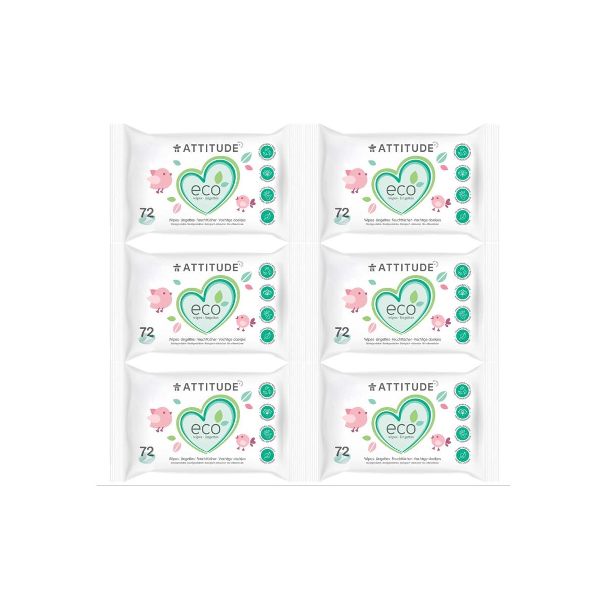 Case of 6 x Attitude Biodegradable Baby Wipes Fragrance  free - 72 wipes
