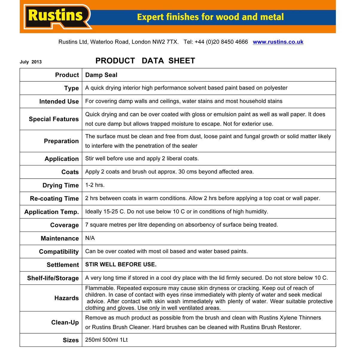 Rustins One Coat Damp Seal usage instructions