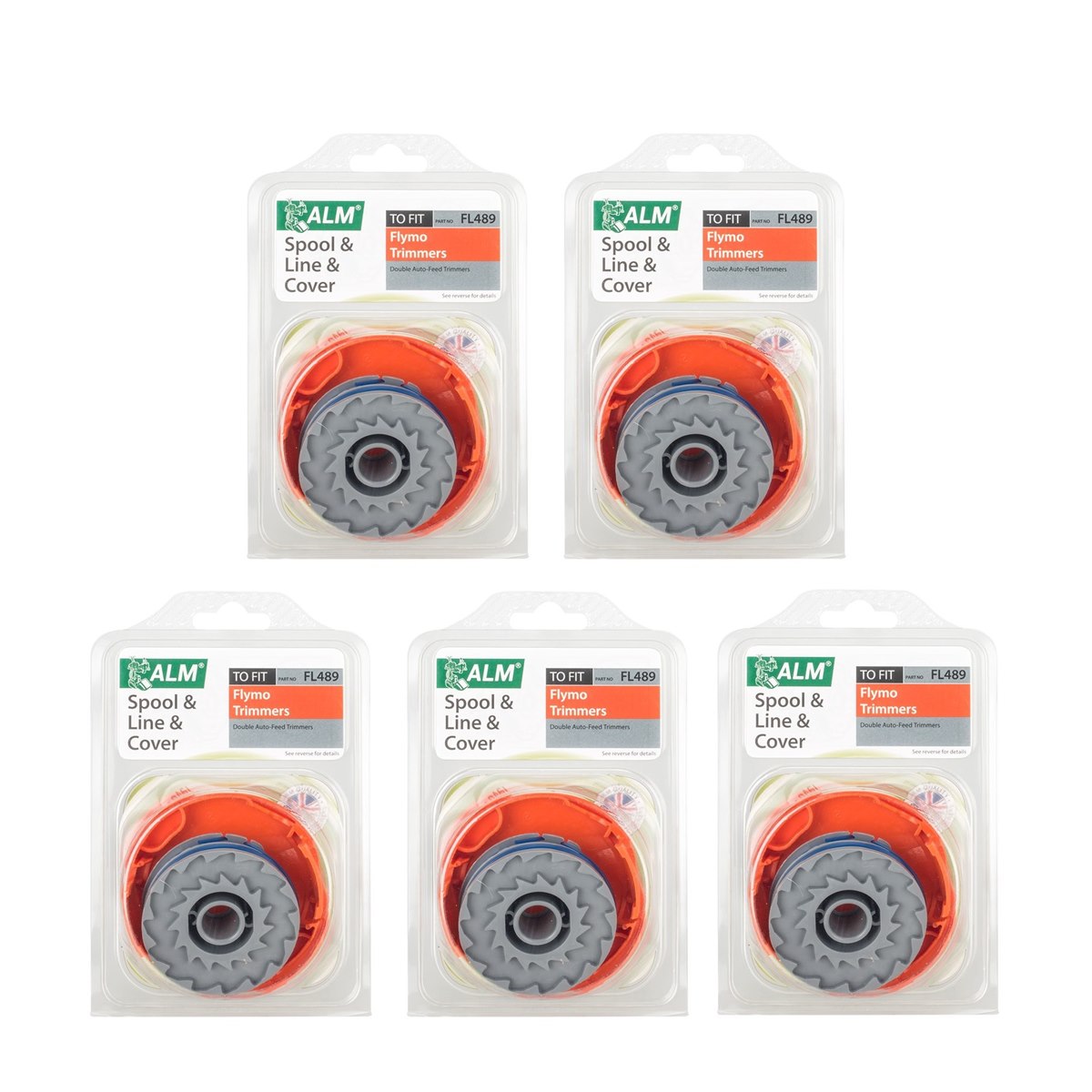 Case of 5 x ALM FL489 Spool and Line and Cover for Flymo Double Auto Feed Strimmers