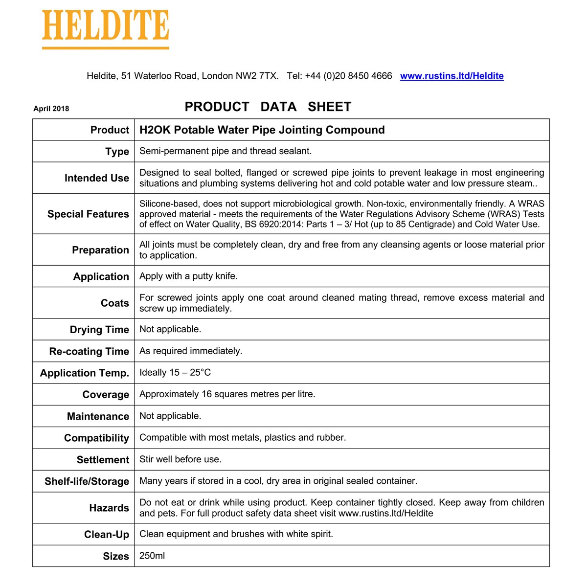 Heldite H2OK Jointing Compound Product Data Sheet