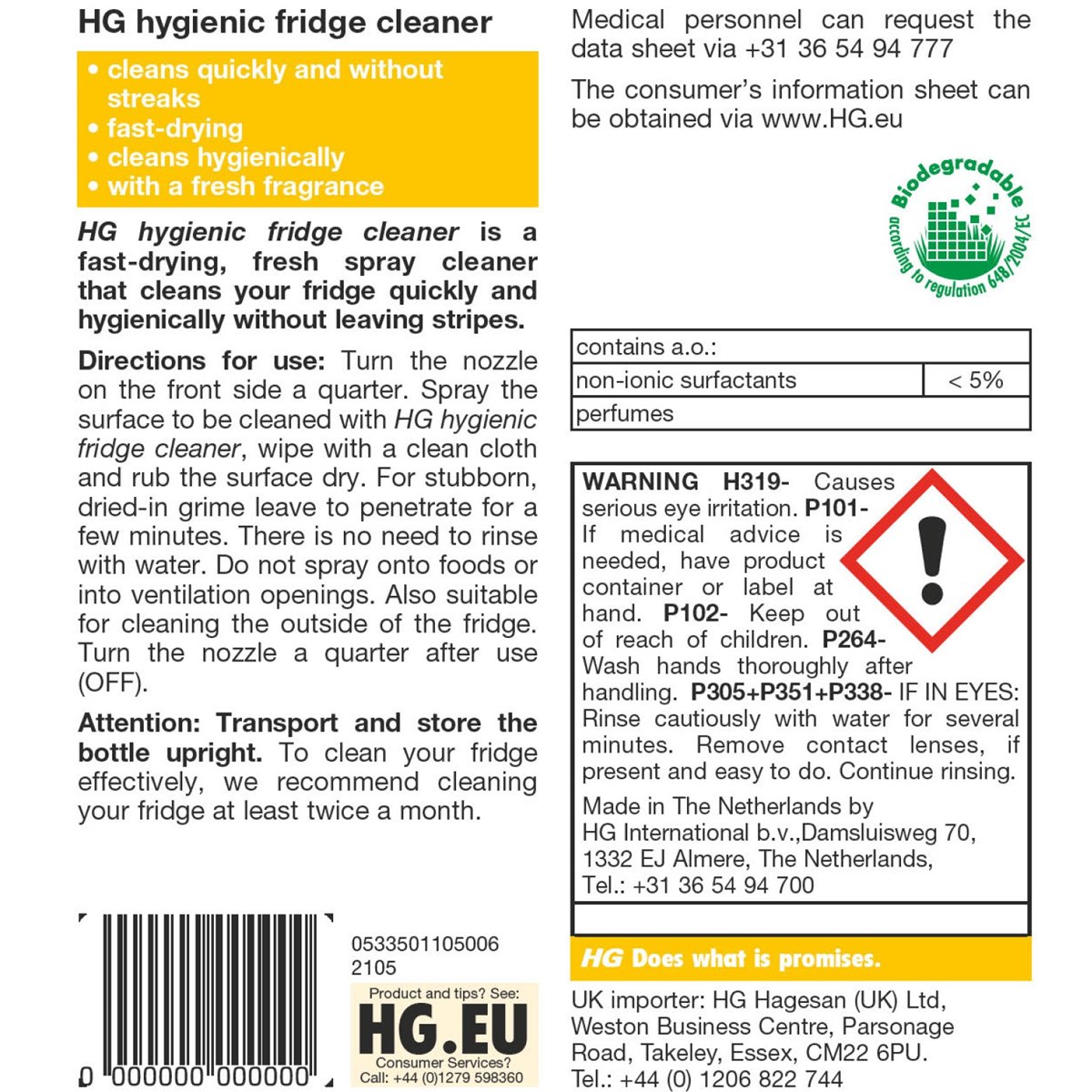 HG Hygienic Fridge Cleaner Spray Usage Instructions