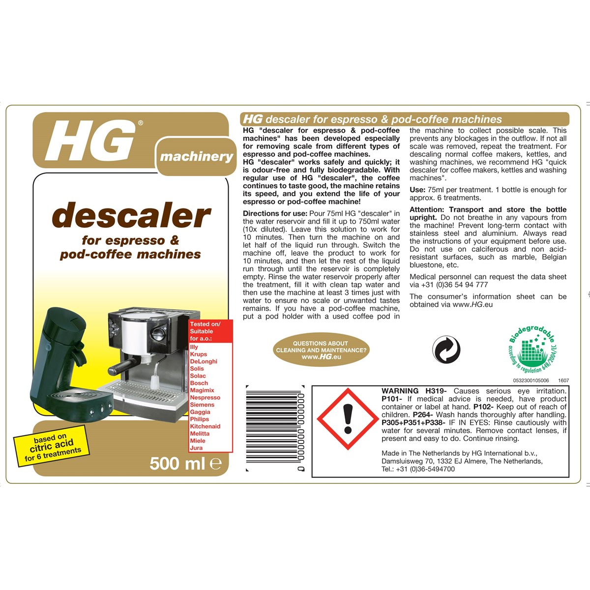 HG Descaler for Espresso and Pod-Coffee Machines Usage Instructions