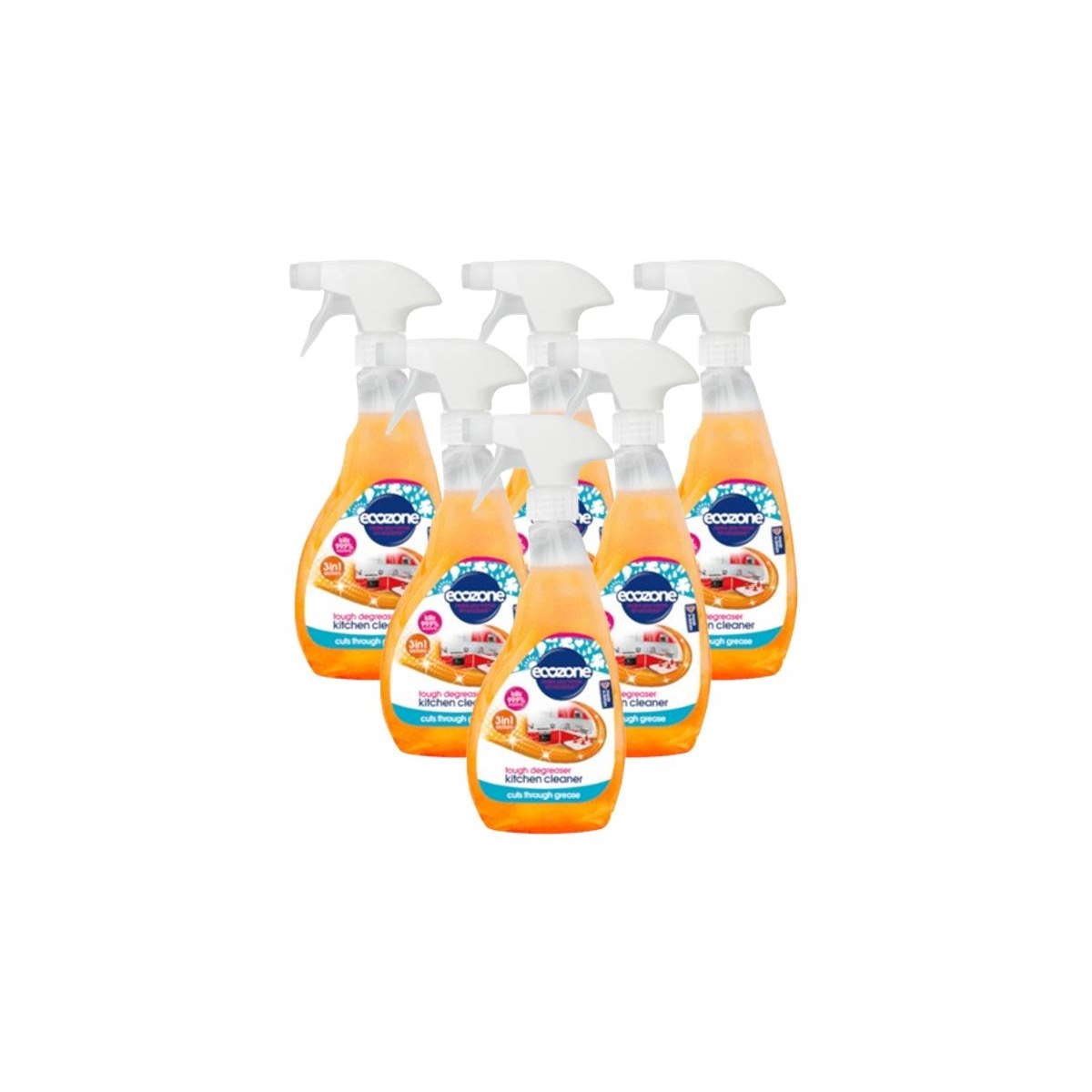 Case of 6 x Ecozone 3 in 1 Kitchen Cleaner Tough Degreaser Spray 500ml 