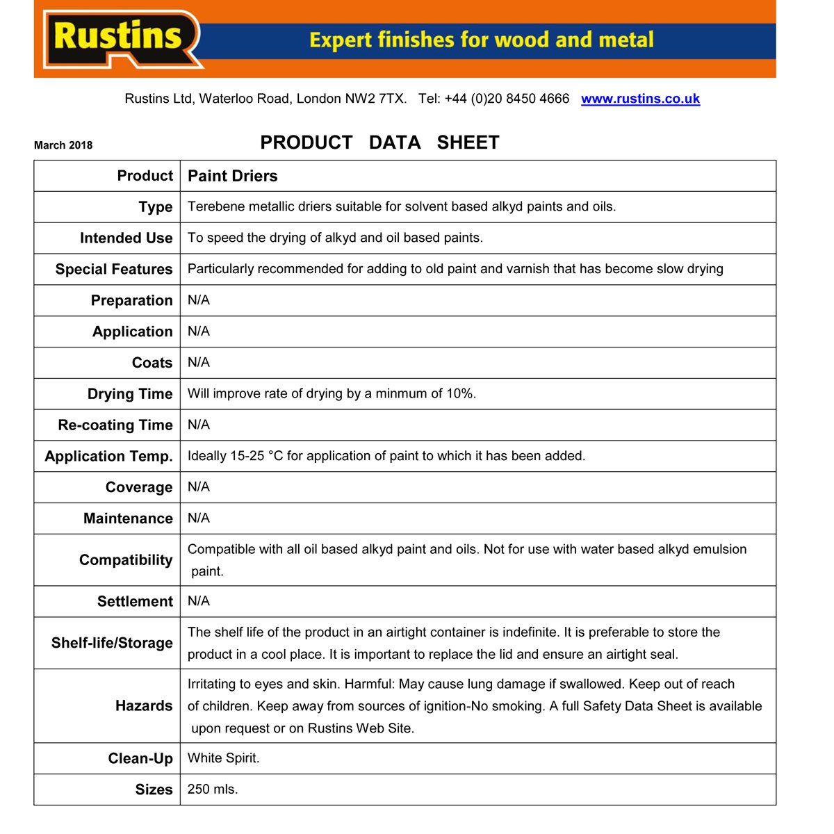 Rustins Paint Driers Usage Instructions