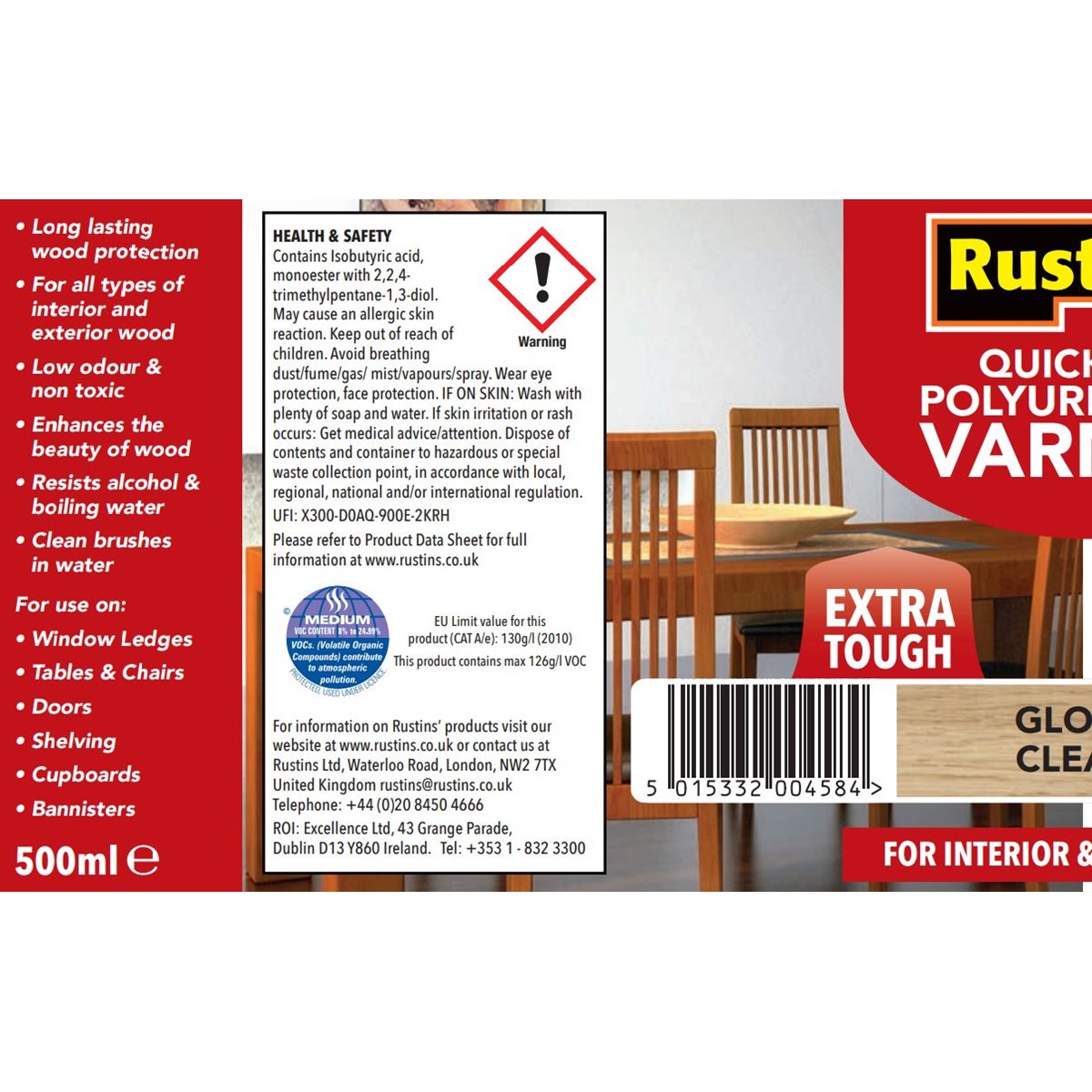1 HOW Rustins QD Polyurethane Vanish Extra Tough Gloss Clear 500ml