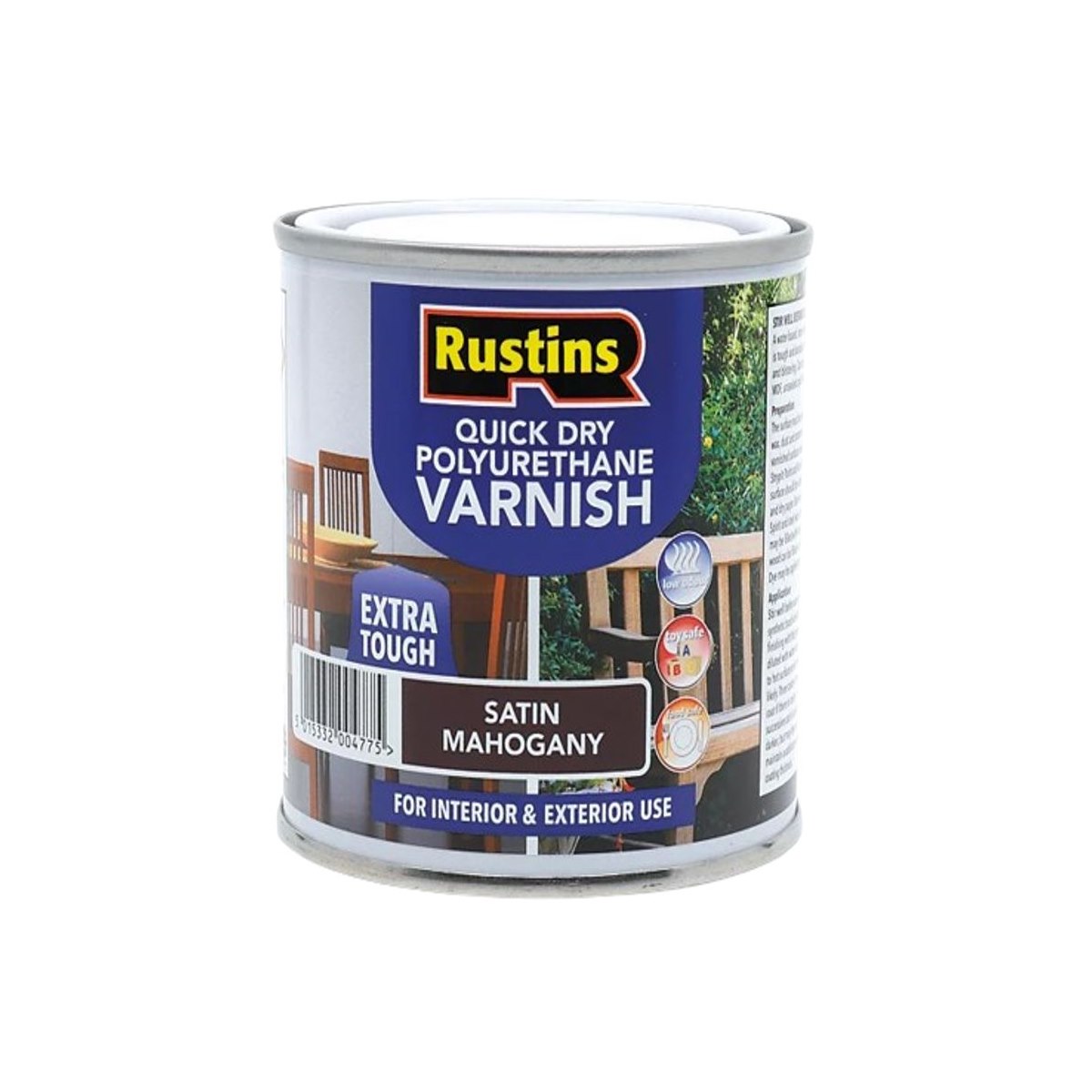 Satin Mahogany 2.5L Rustins Quick Dry Polyurethane Varnish Extra Tough Interior and Exterior Use