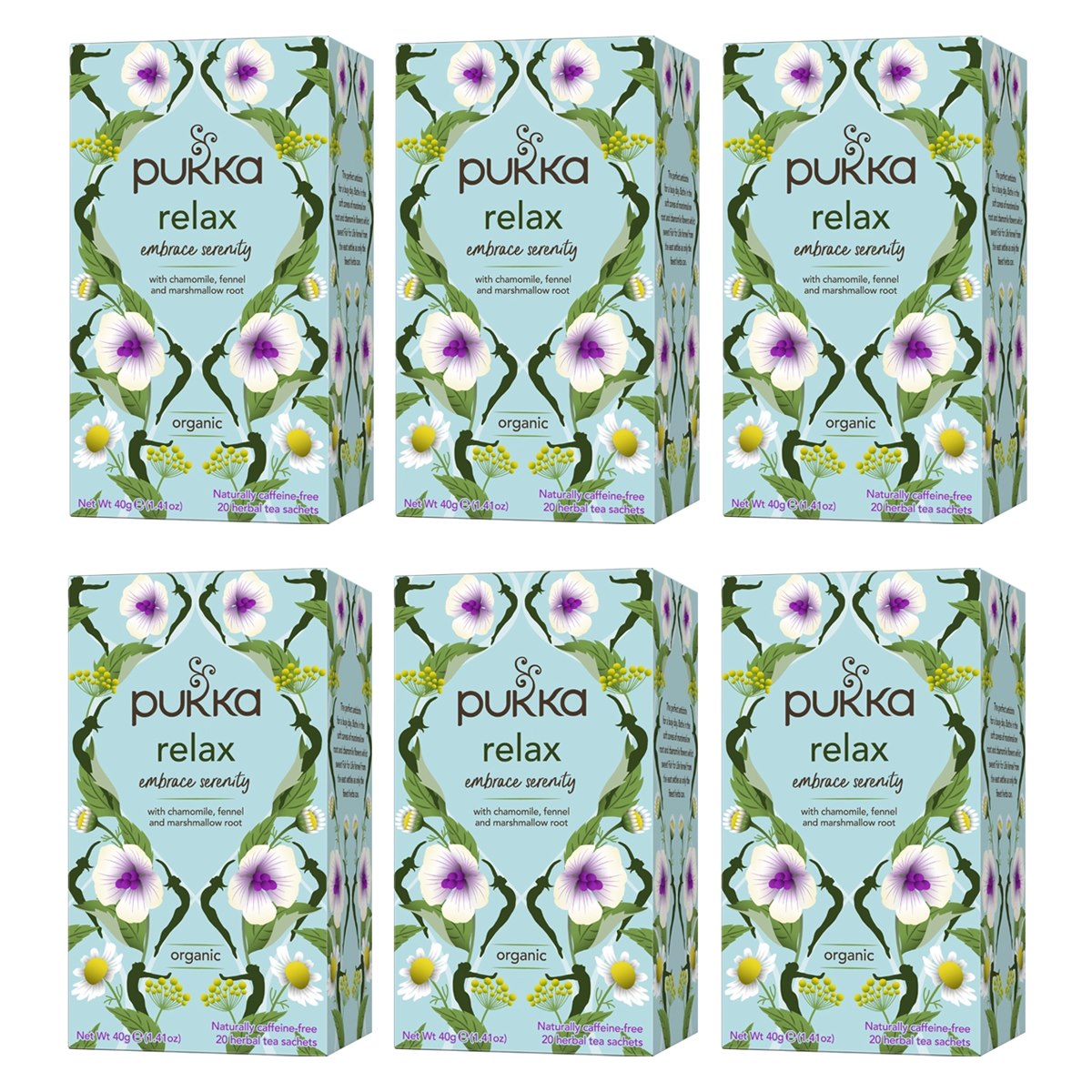 Case of 6 x Pukka Relax Tea Organic Naturally Caffeine Free 20 Sachets 40g 