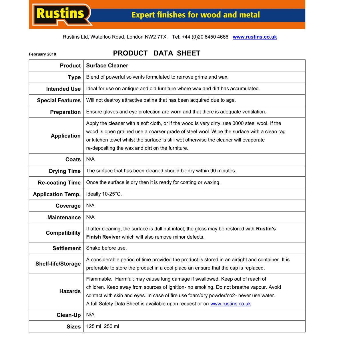 Usage instructions for Rustins Surface Cleaner