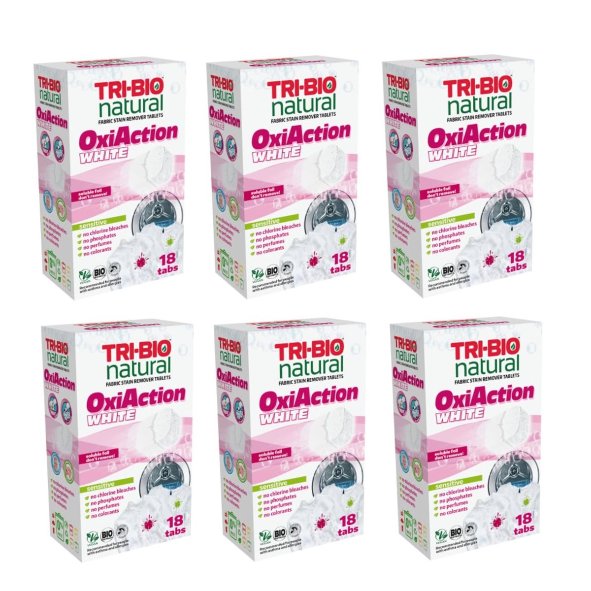 Case of 6 x TRI-BIO OxiAction Fabric Stain Remover Tablets (18) White