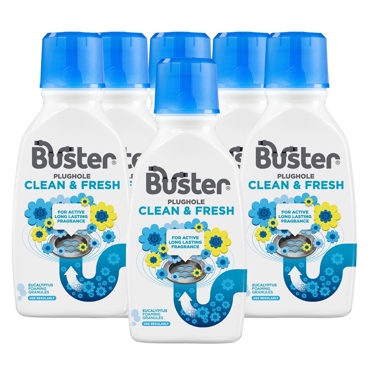 Case of 6 x Buster Plughole Clean and Fresh Eucalyptus Foaming Granules 300ml