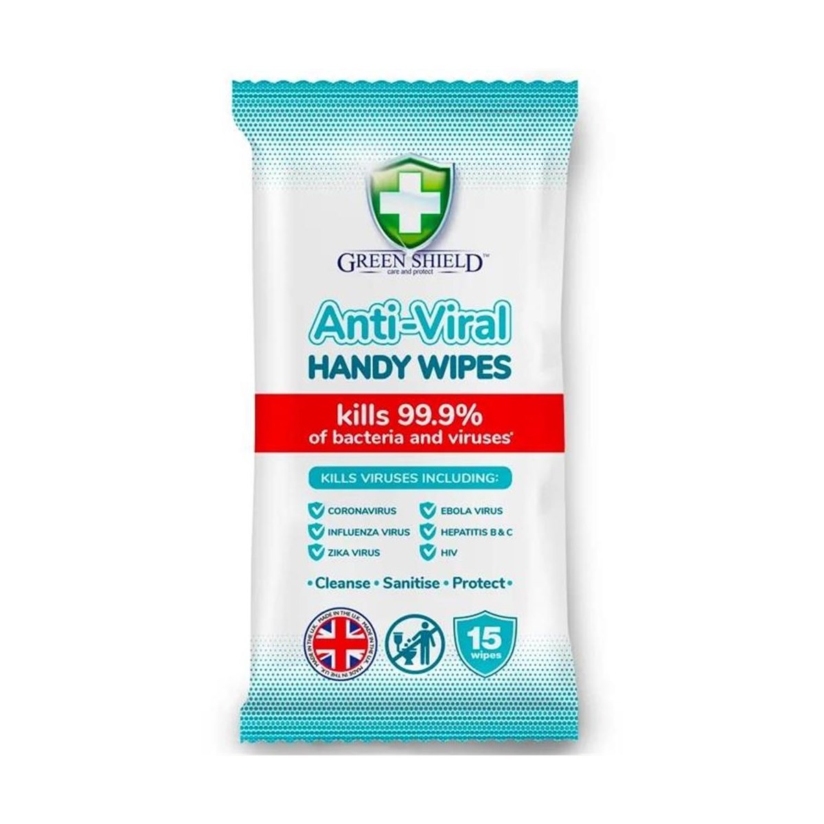 Green Shield Anti-Viral Handy Wipes Travel Size Pack of 15 Wipes