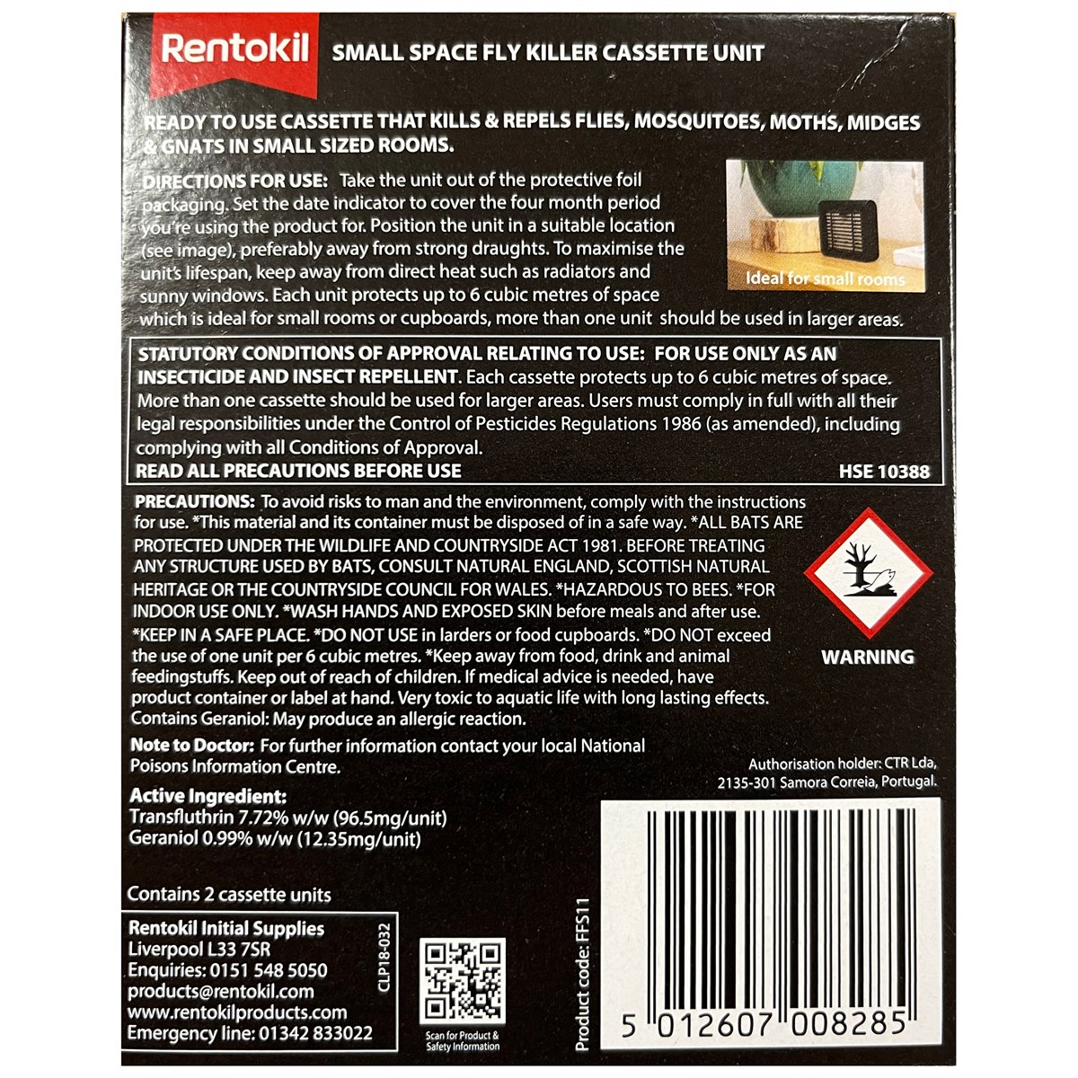 Rentokil Small Space Fly Killer Cassette Unit Instructions