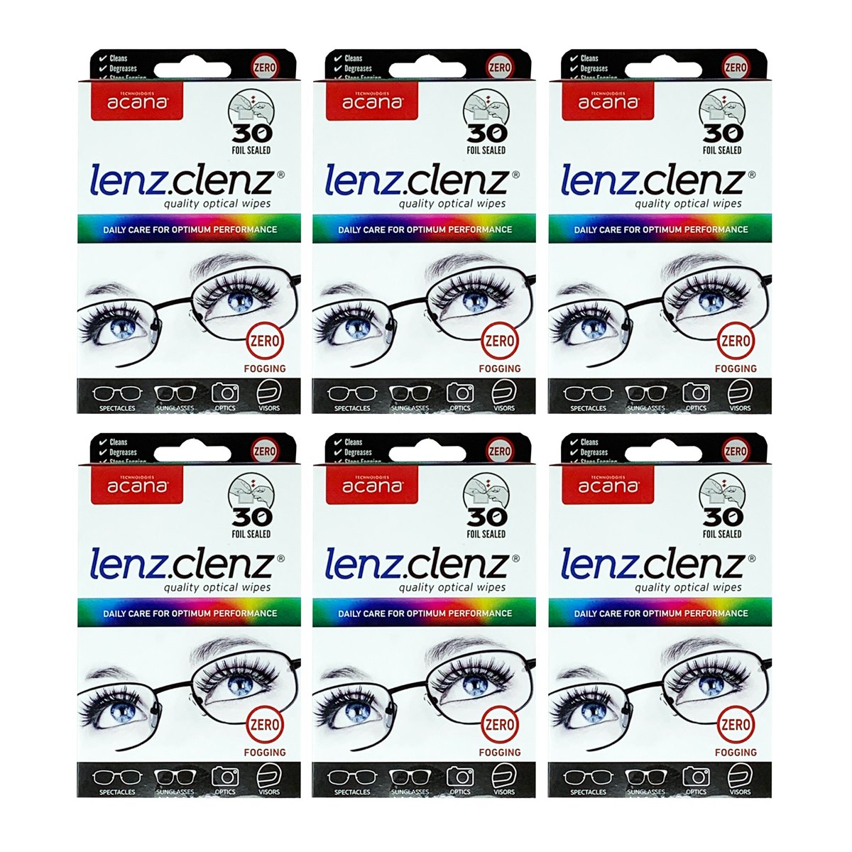 Case of 6 x Acana Lenz Clenz Optical Cleaning Wipes 30 Pack