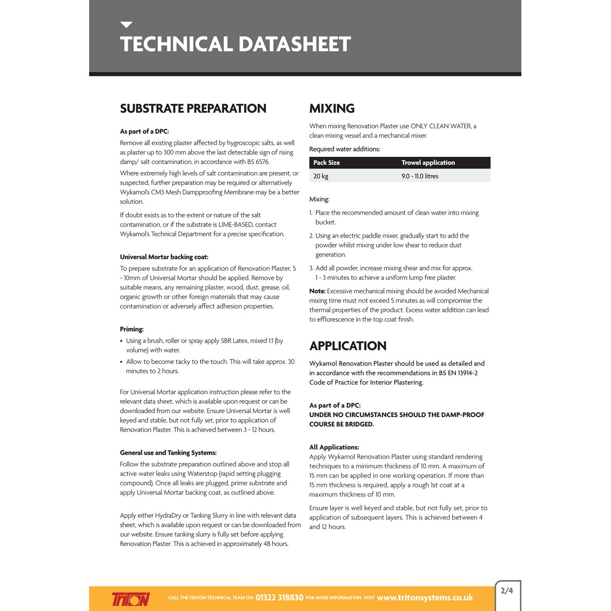 wykamol renovation plaster technical datasheet page 2